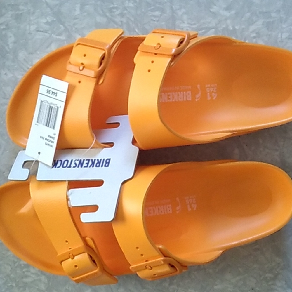 Orange birkenstock slide sandals
